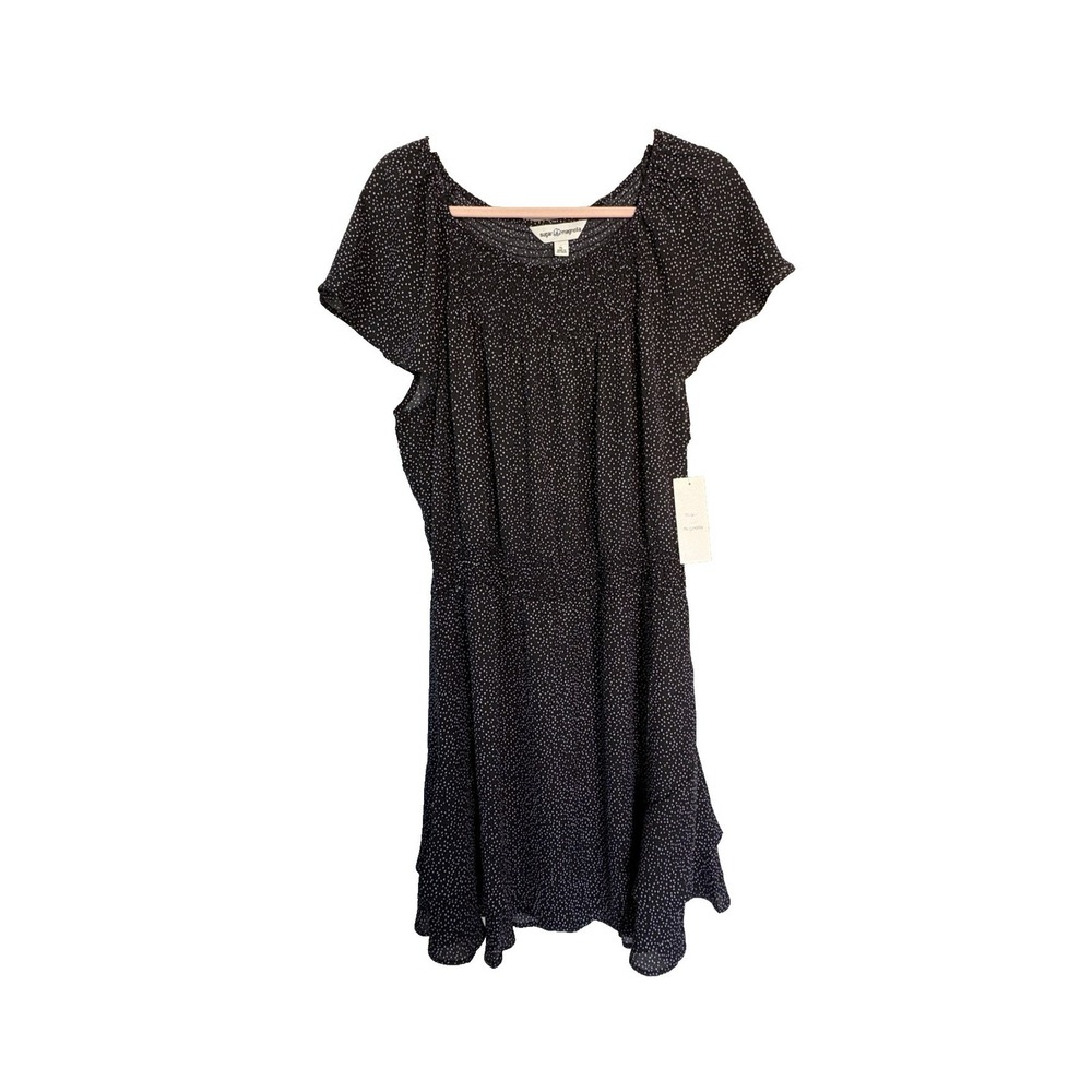 NWT Sugar Magnolia Dress XL Black Galaxy Print Smocked Waist Flutter Sleeve